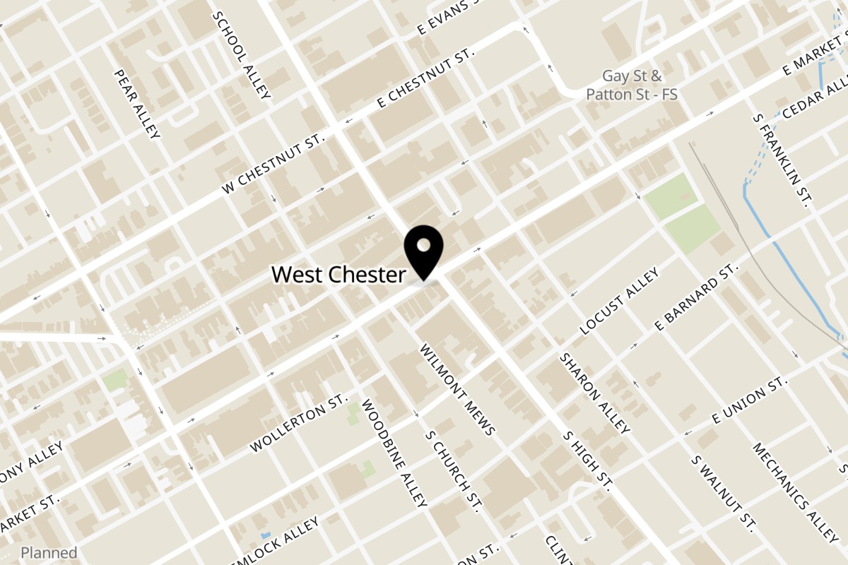 Map showing the location of Market Street Grill on 6 West Market Street in West Chester